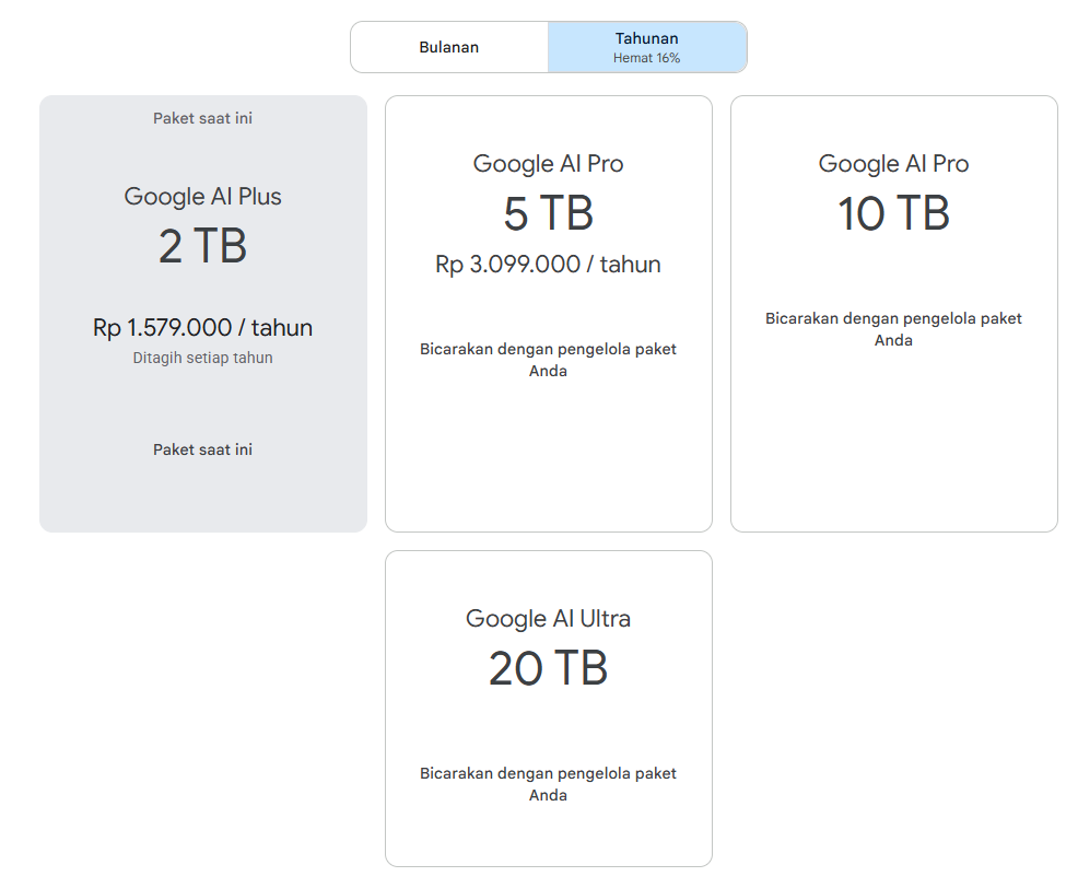 Pilihan paket: AI Plus 2 TB Rp 1.579.000 per tahun, AI Pro 5 TB Rp 3.099.000 per tahun, AI Pro 10 TB, AI Ultra 20 TB