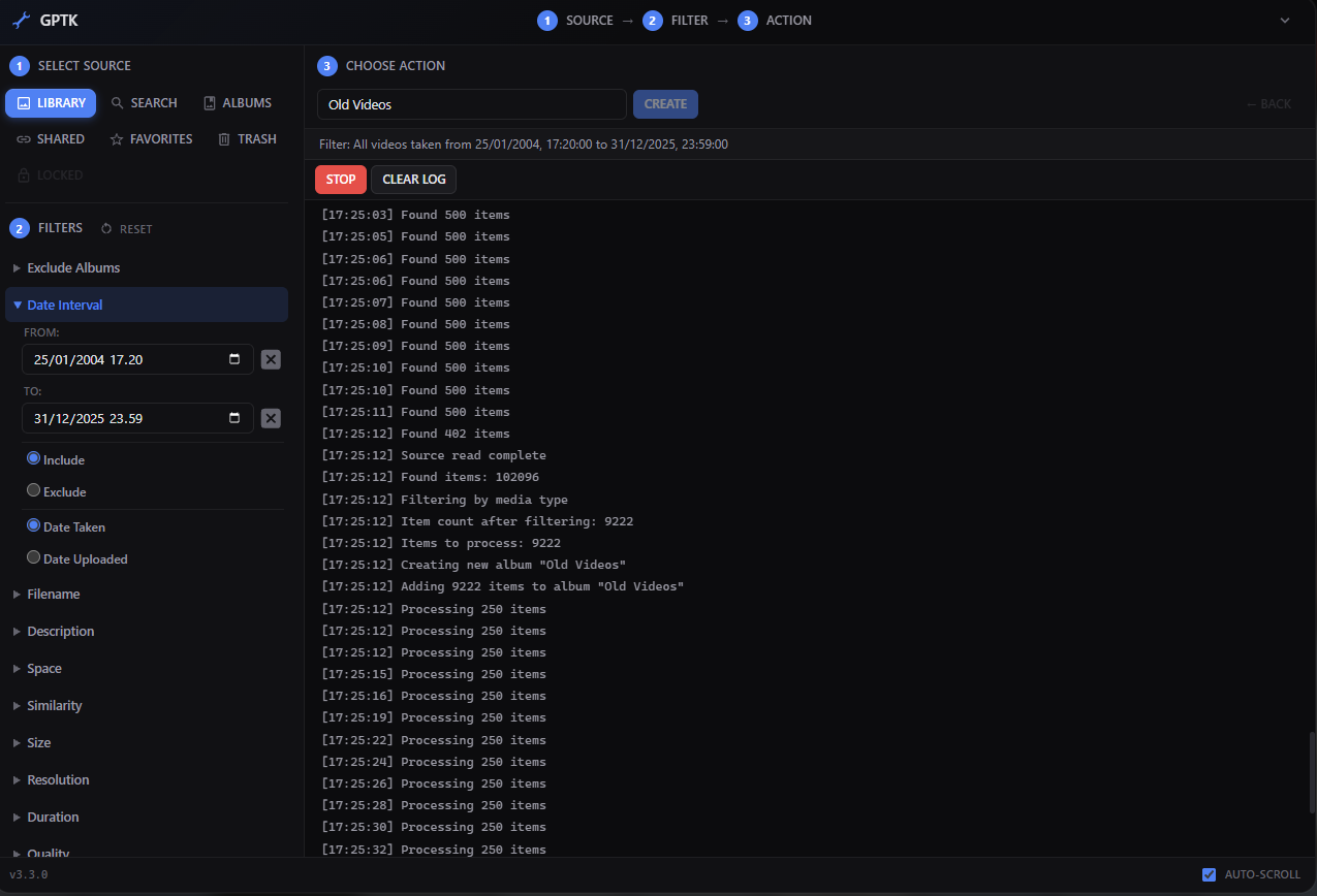 Jendela GPTK: sumber Library, filter Date Interval, nama album Old Videos, log memproses item