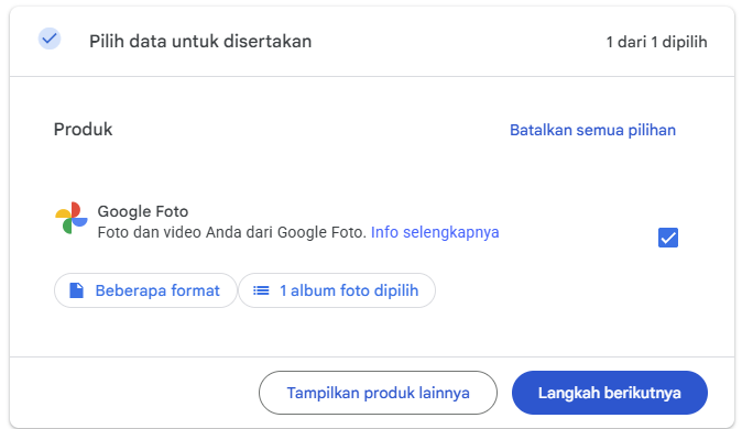 Google Takeout: Google Foto dicentang, 1 album foto dipilih