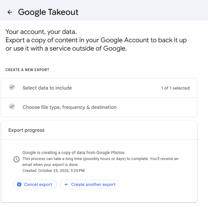 Google Takeout menampilkan Export progress: Google is creating a copy of data from Google Photos