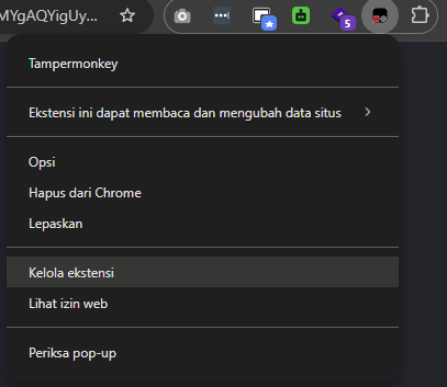 Menu klik kanan ikon Tampermonkey dengan pilihan Kelola ekstensi