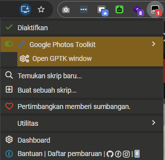 Menu Tampermonkey dengan Google Photos Toolkit aktif dan pilihan Open GPTK window